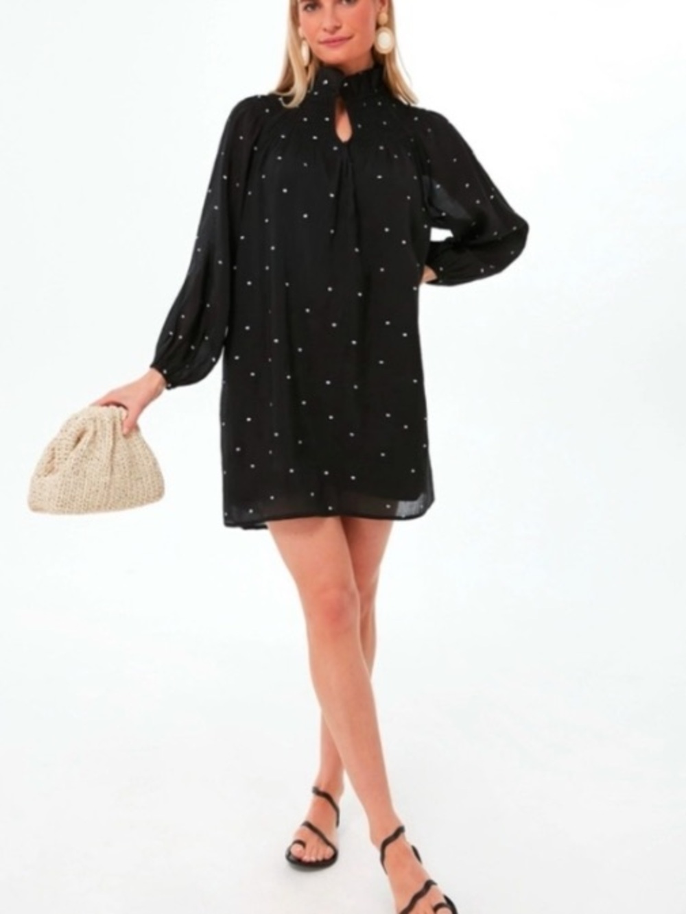 Pomander Place Taylor Dress Black White polkadot Smocked Neck size S Mini